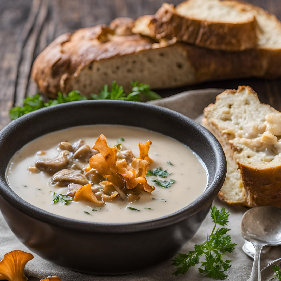 Wild Chanterelle and Chicken of the Woods Mushroom Soup with crusty bread