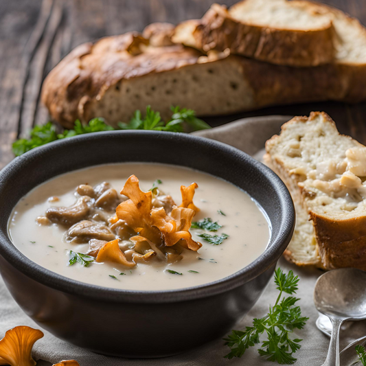 Wild Chanterelle and Chicken of the Woods Mushroom Soup with crusty bread