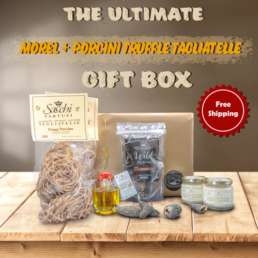 We've created the ultimate wild gift box for you! This amazing Morel and Porcini Tagliatelle with Italian White Truffle Sauce is perfect for a holiday dinner and can serve 6. We are also offering free shipping for this product anywhere in US. Our Morel and Porcini Tagliatelle with Italian White Truffle Sauce Kit Features : Dried Morel Mushrooms (30g) 2 x Porcini Pasta 2 x White Truffle Sauce Truffle Oil Morel and Porcini Pasta with Italian White Truffle Sauce Recipe